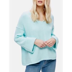 Free People La Brea V Neck Sweater in Mint Blue